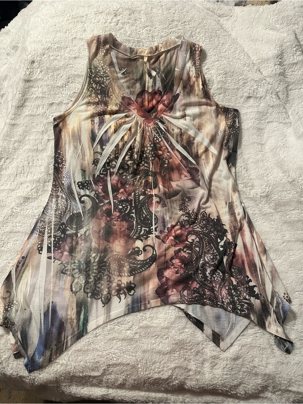 Espresso Floral Handkerchief-Hem Tank Top in Brown, Cream, Pink Size 1X